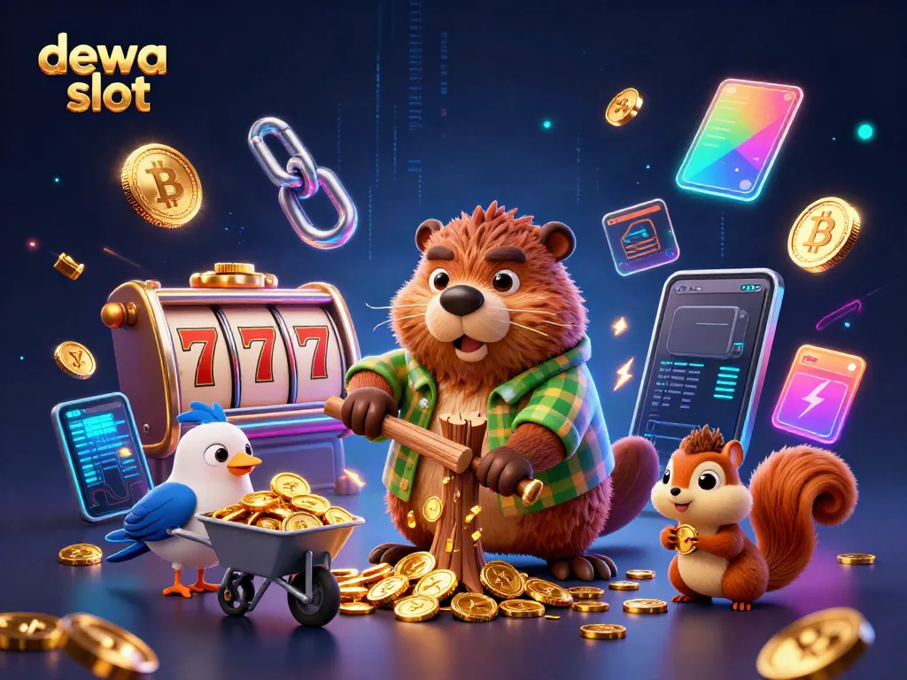 Momen menyenangkan dengan dewa slot saat bermain mesin slot, dikelilingi koin emas yang jatuh dan efek cahaya neon.