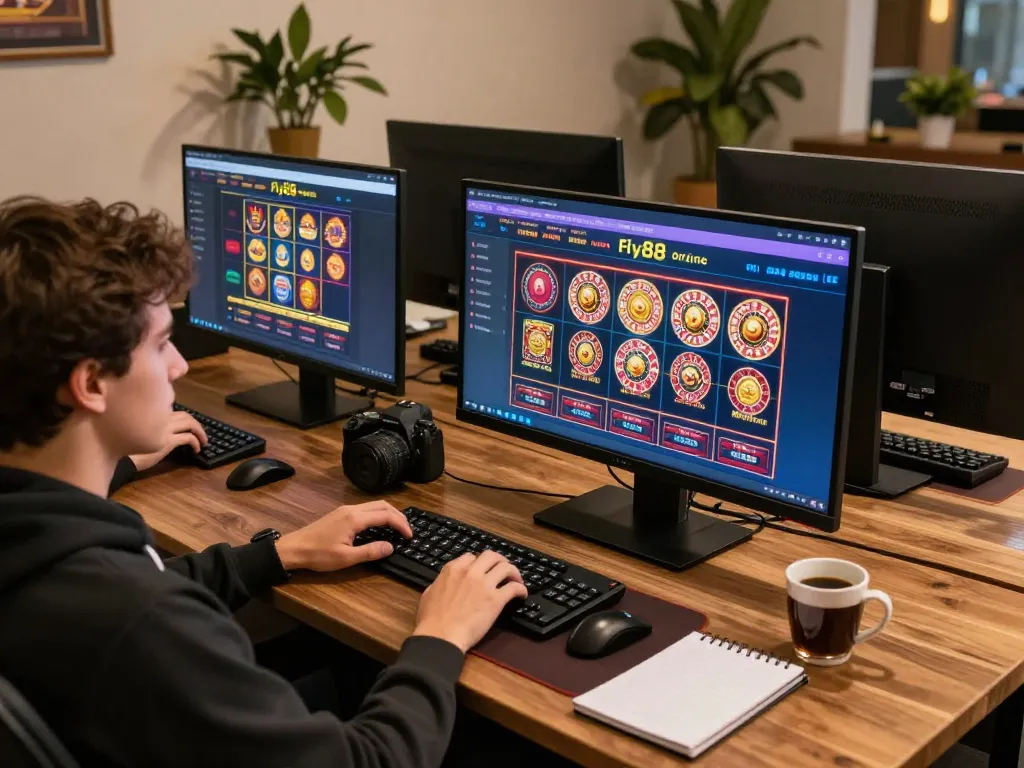 Player engaging with the fly88 online casino on multiple screens, showcasing an immersive gaming experience.