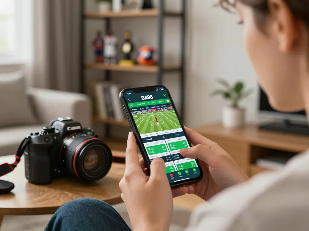 Engaging user placing bets on DA88 mobile app, showcasing sports action and excitement.