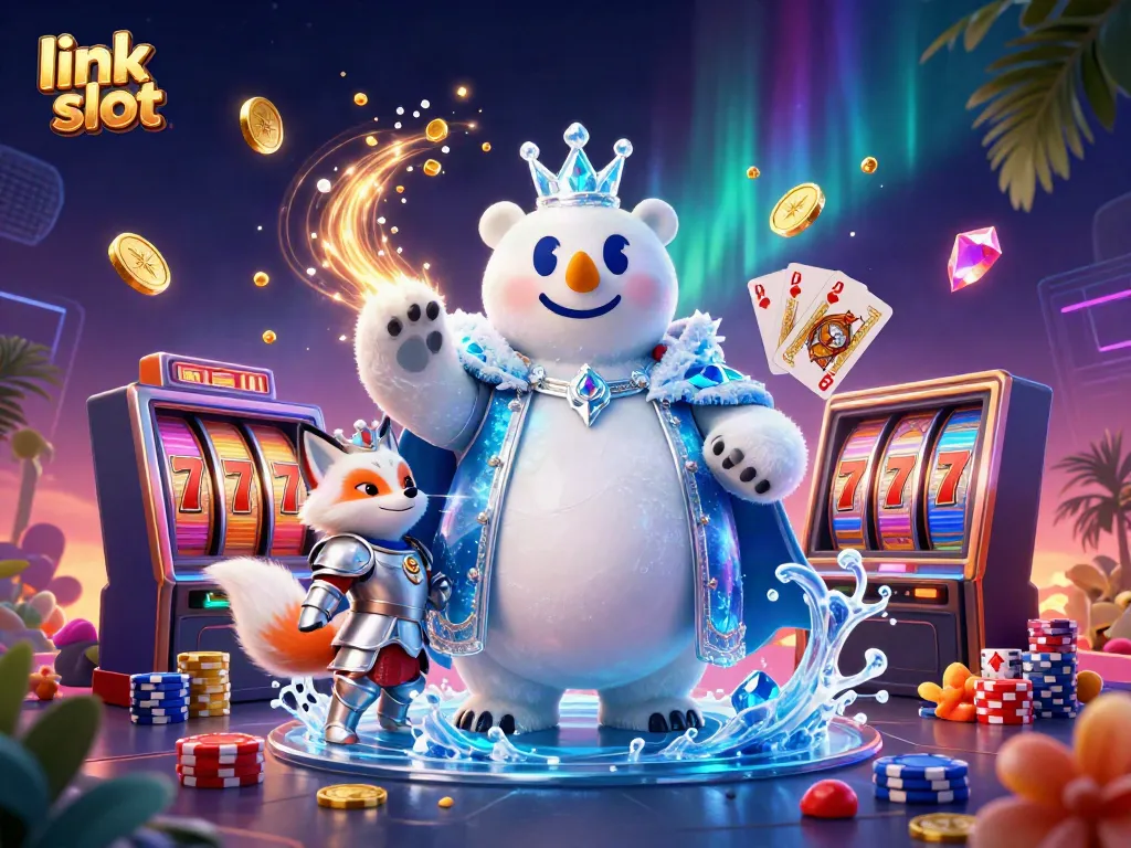 Menangkan di mesin slot dengan karakter raja es dan rubah salju dalam ilustrasi seni 3D.