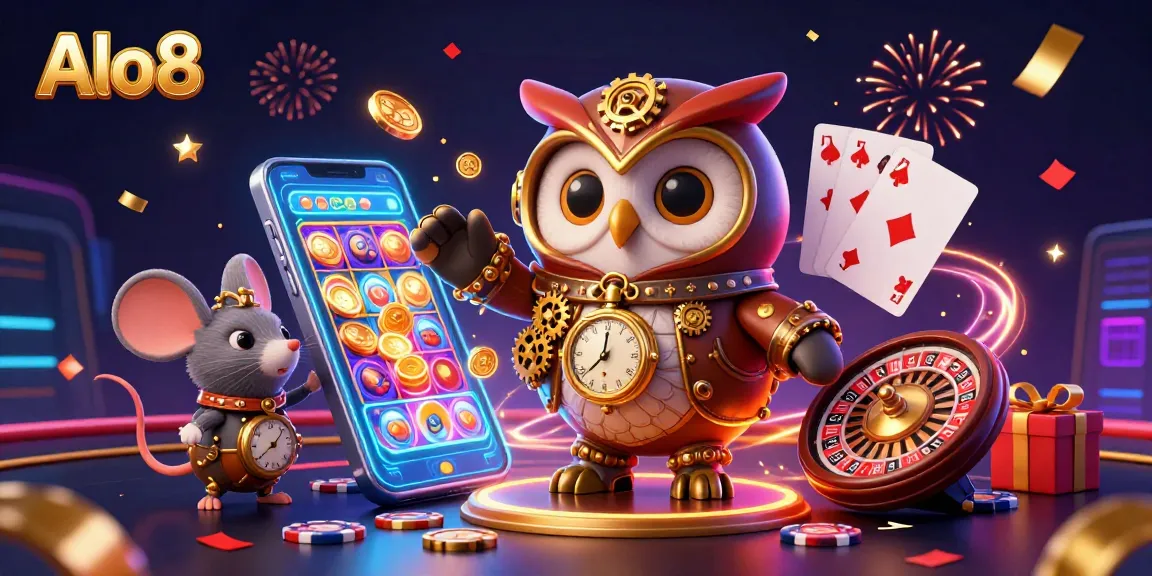 Alo8 engages players with a vibrant 3D casino scene featuring cartoon casino elements and steampunk characters.
