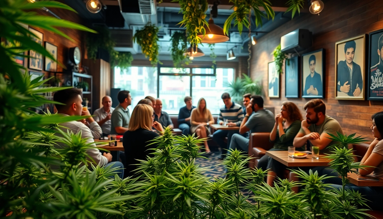 Menschen im cannabis club hamburg genießen eine entspannte Atmosphäre mit Pflanzen und Getränken.
