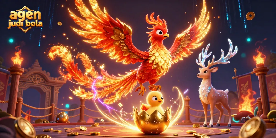 Experience the excitement of agen judi bola with a vibrant scene of a phoenix and stag amidst thrilling betting elements.