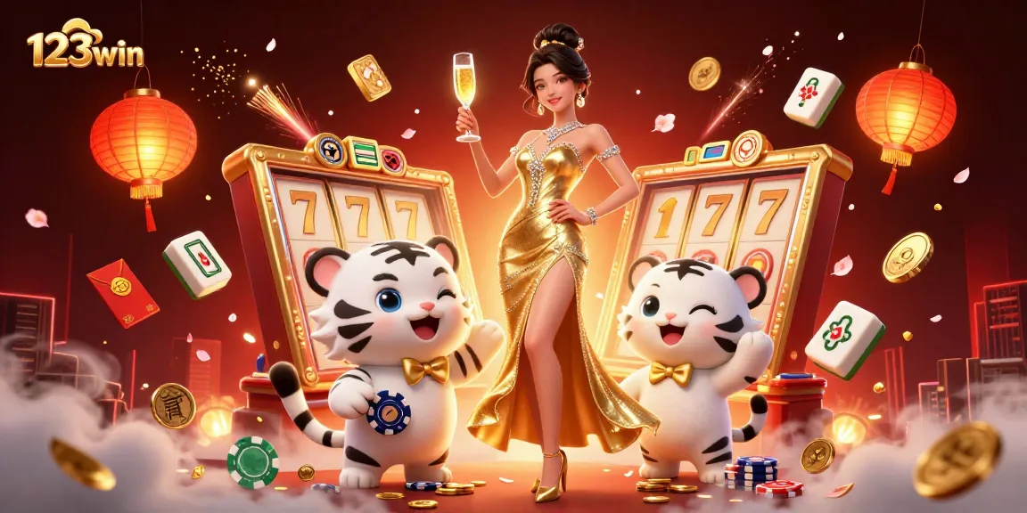 Experience thrilling wins with 123win, featuring a glamorous woman and lucky tiger in a vibrant casino scene.