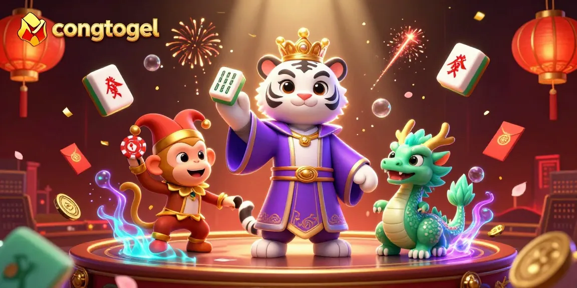 Playfully engaging scene of congtogel with cartoon tiger, monkey, and dragon in a vibrant casino atmosphere.