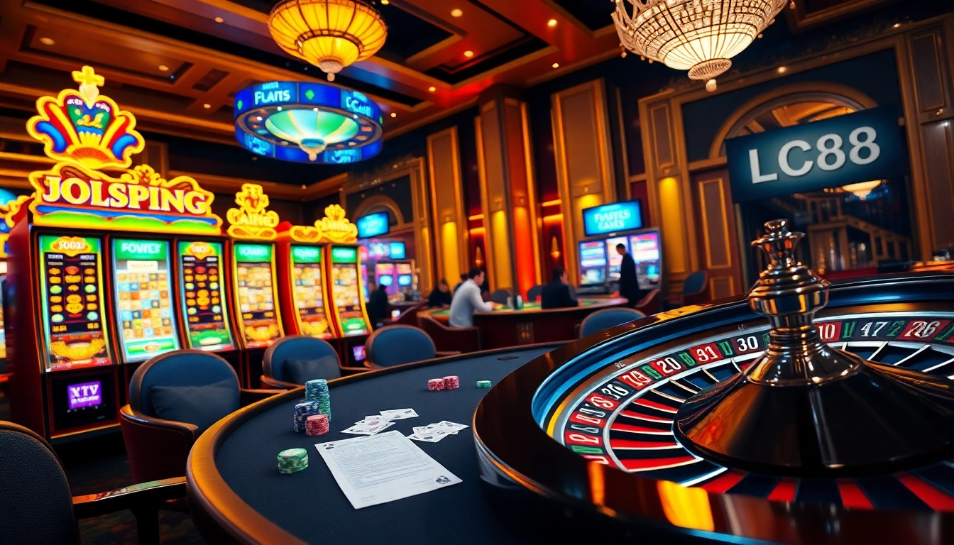 LC88-themed casino scene with a luxurious poker table and vibrant slot machines.
