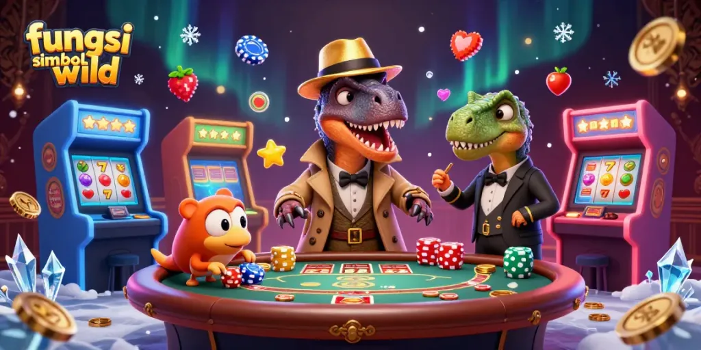 Menggambarkan fungsi simbol wild dalam permainan slot dengan karakter 3D kartun dino yang menyenangkan.
