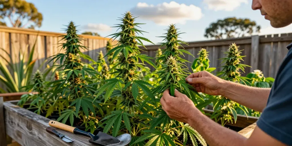 Expert gardener inspecting marijuana seeds for Aussie climate in vibrant outdoor setting.