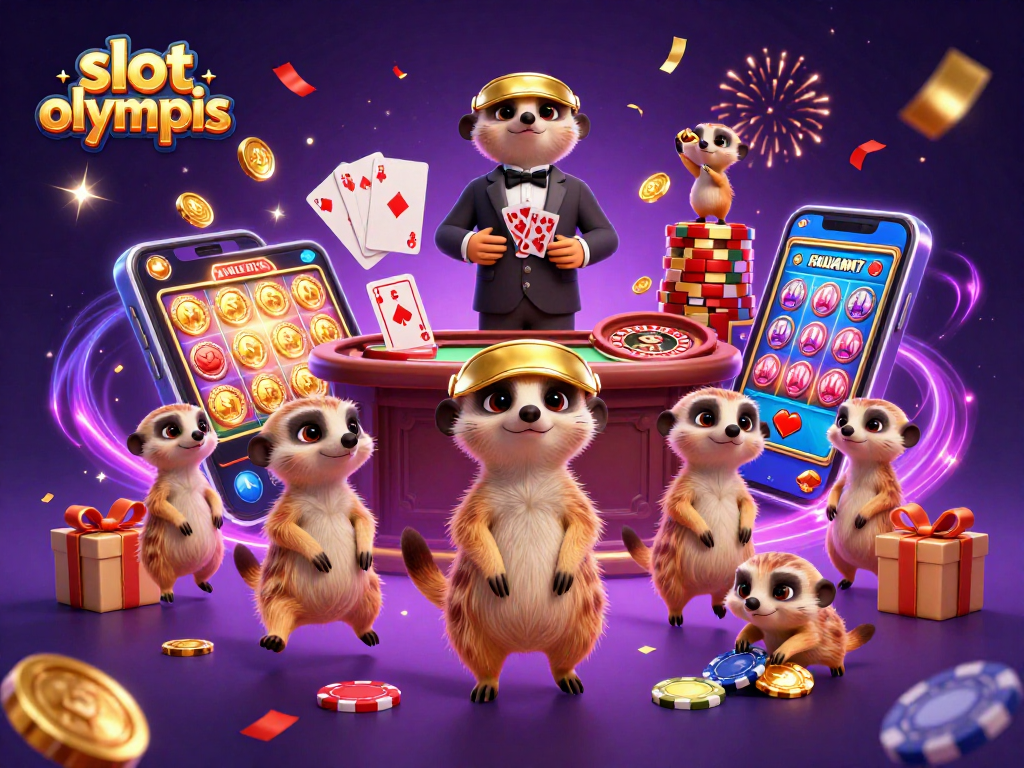 Experience the excitement of slot olympus with meerkats managing a vibrant casino scene filled with games and confetti.