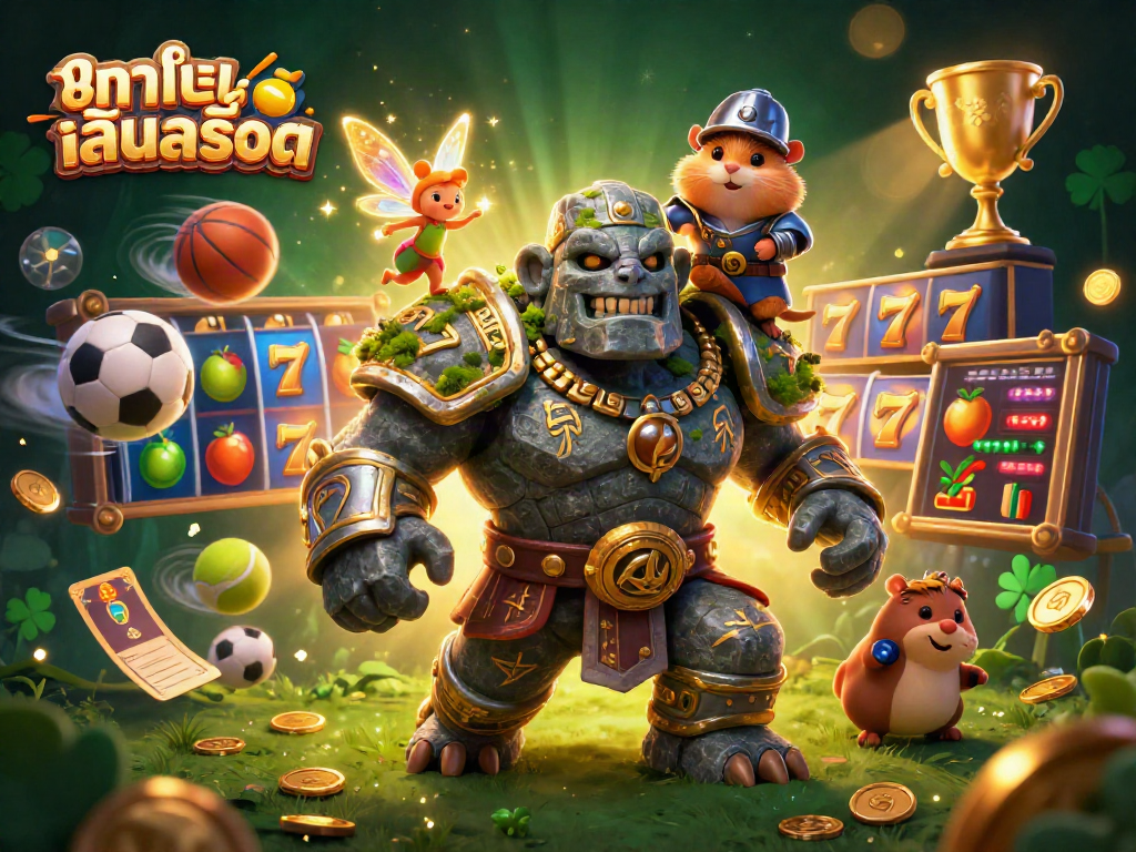 Experience ทดลองเล่นสล็อต magic with an enchanted golem, fairy, and hamster knight amid dynamic game elements.