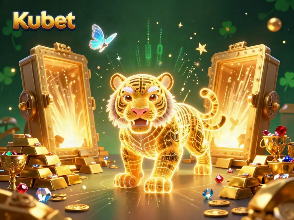 Kubet offers a vibrant casino experience with golden tiger and treasures amidst dazzling lights.