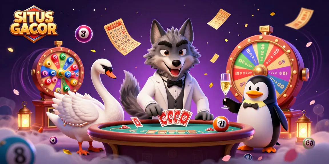 Engage with SITUS GACOR through a vibrant casino scene of lively characters and dynamic gaming elements.