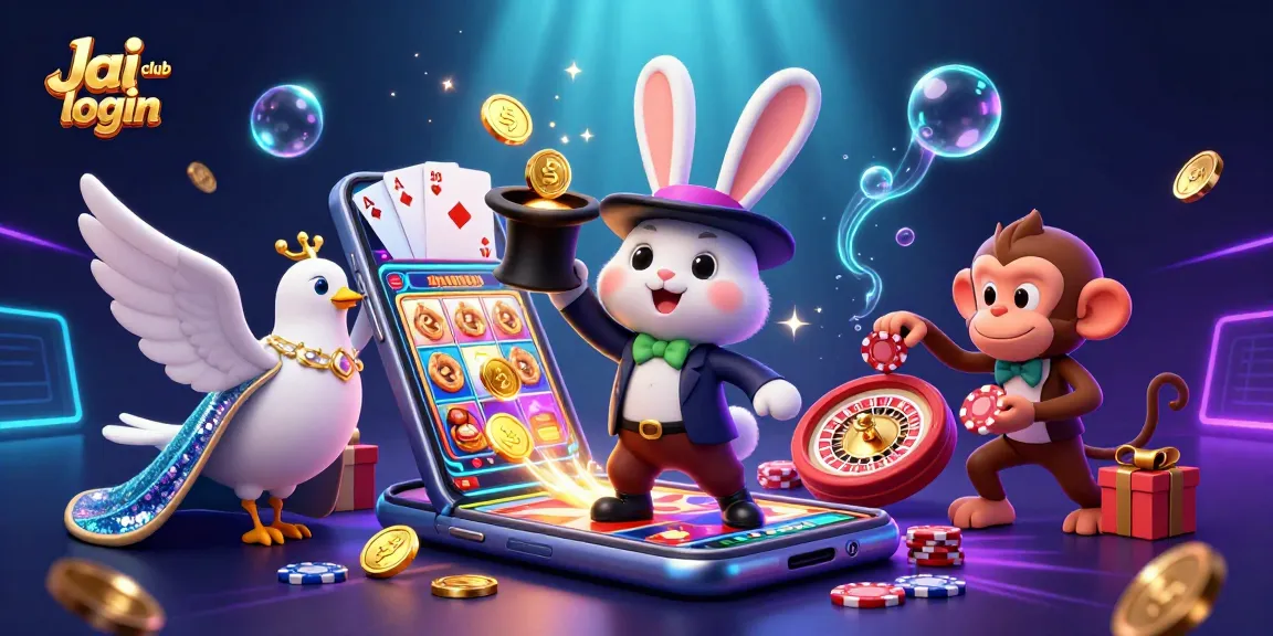 Play exciting games with Jai club login featuring a magician rabbit, dove, and monkey amidst vibrant casino elements.