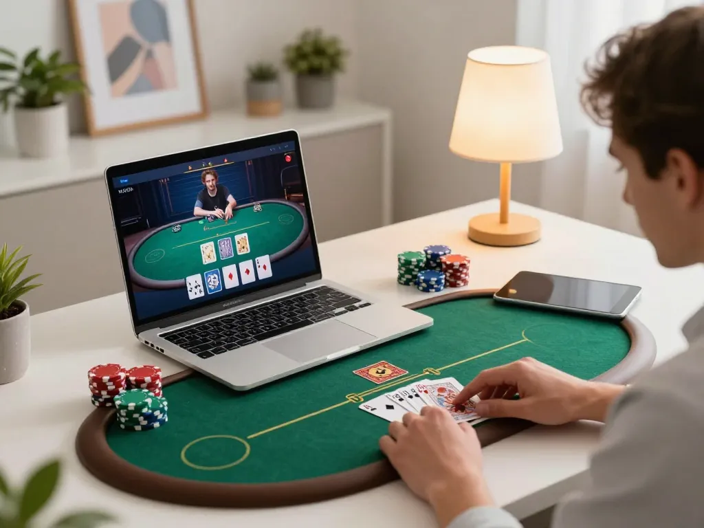 Player enjoying online poker on lc88 with dynamic cards and chips visible, cozy home setting.