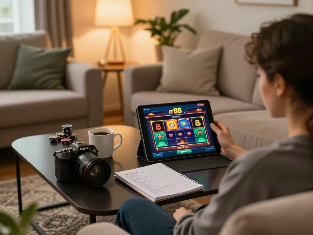 Engaging in rr88 online casino gaming on a tablet from the comfort of home, showcasing strategic notes.