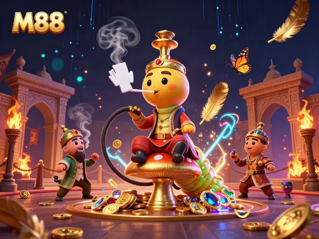 Place bets with M88 shown in a magical casino scene featuring a caterpillar hookah-master.
