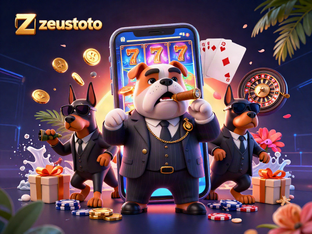 Win big with zeustoto in this vibrant casino scene featuring a mafia boss and lucky game elements.
