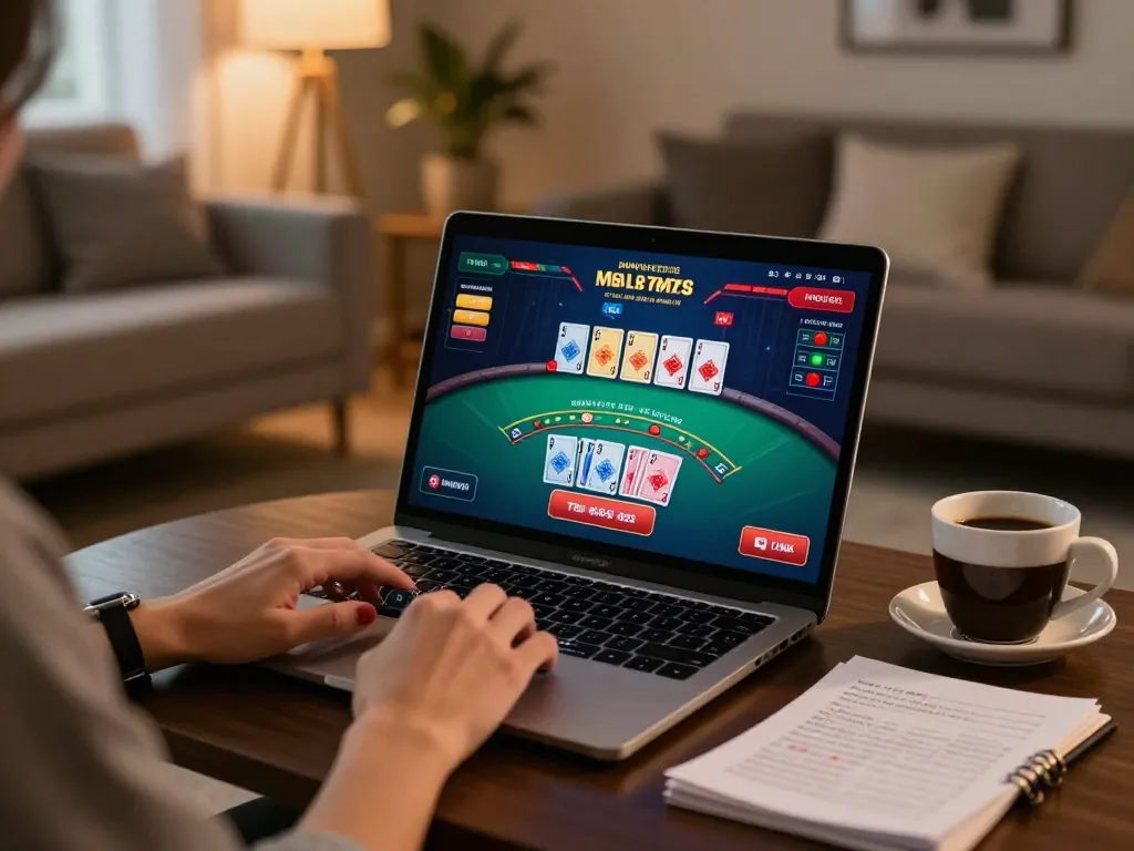 Playing blackjack on vipwin79 with live dealer at an elegant online gaming setup.