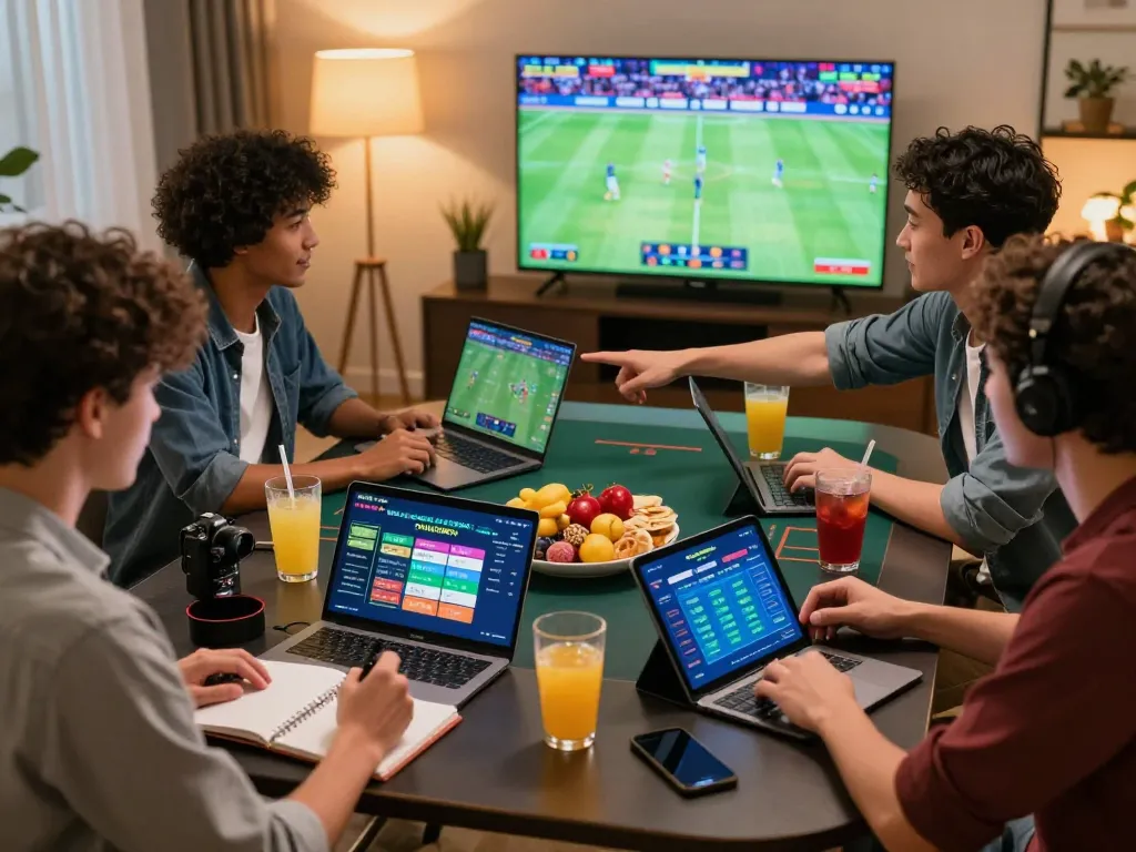 Friends enjoying a vibrant online betting session with Nhà Cái Hubet in a lively living room.