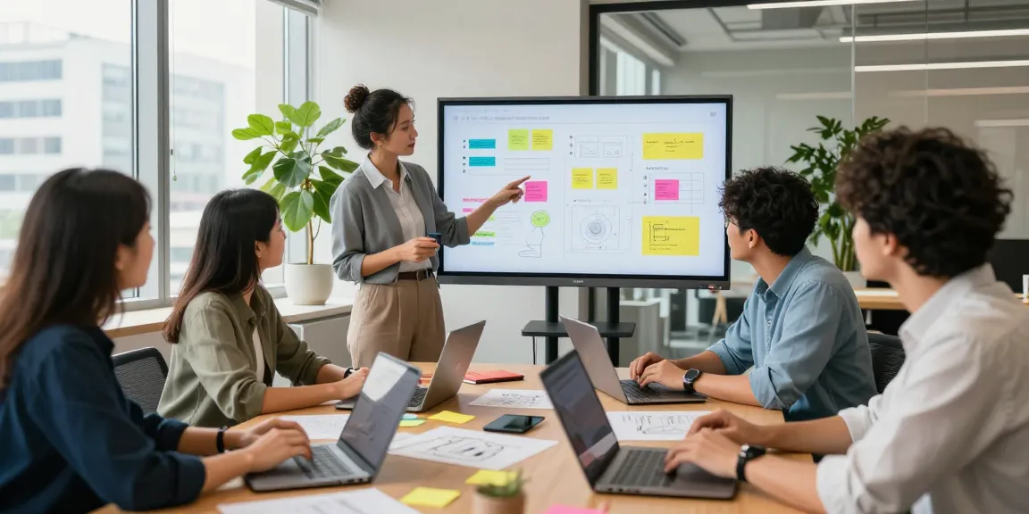 Collaborative team using a mixboard for brainstorming ideas in a bright office