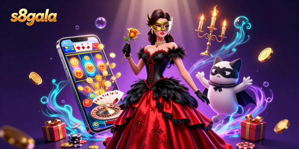 Experience thrilling slots with s8gala as golden coins and playing cards burst in a magical casino scene.