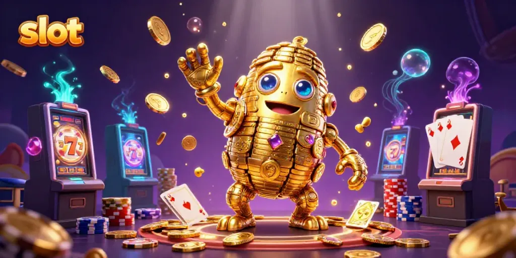 Spin the exciting slot machine with vibrant symbols and cascading coins in a surreal casino scene.