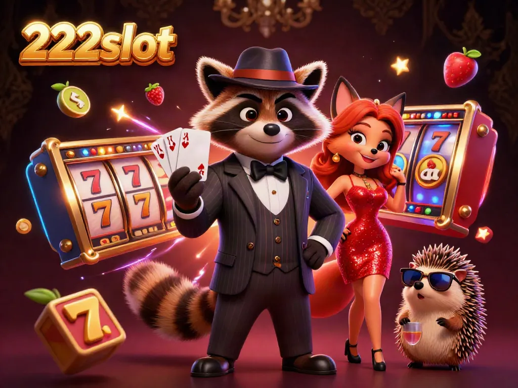 Rasakan keseruan permainan slot di 222slot dengan karakter kartun beruang rakun, rubah, dan landak.