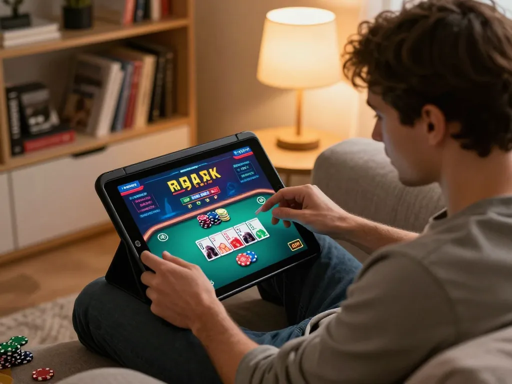 Engaging online poker game using hidden wiki links on a tablet, showcasing a focused player at home.