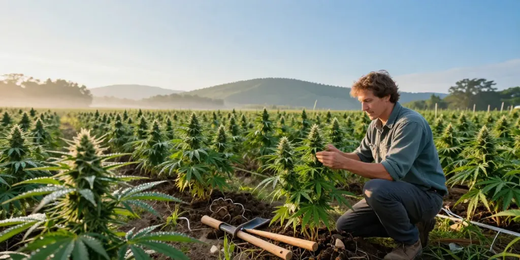 LSO weed plants in vibrant outdoor cannabis farm at sunrise.