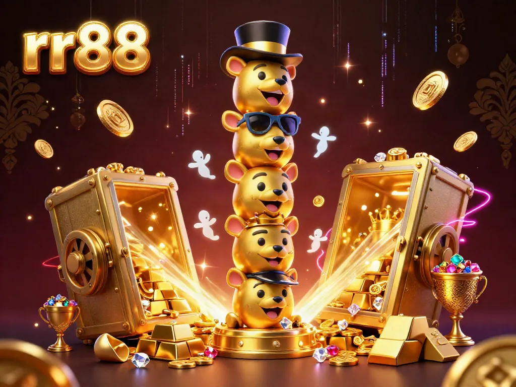 Experience exciting wins at rr88 with a vibrant 3D casino scene illustrating lively gaming elements and a golden totem pole.