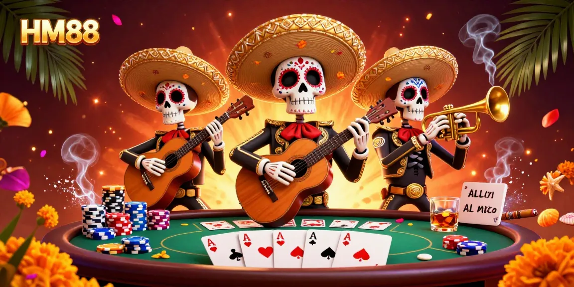 Join the lively scene at HM88 with Day of the Dead mariachi band amidst vibrant poker action.