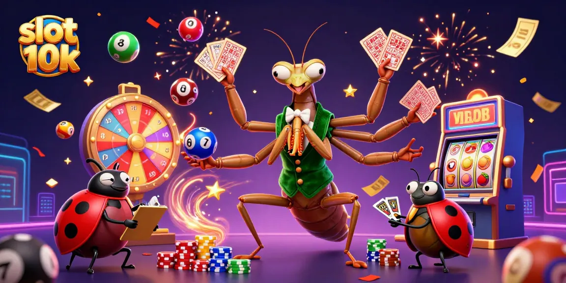 Spin to win with slot 10k as a cartoon praying mantis and ladybug bring festive gambling energy.