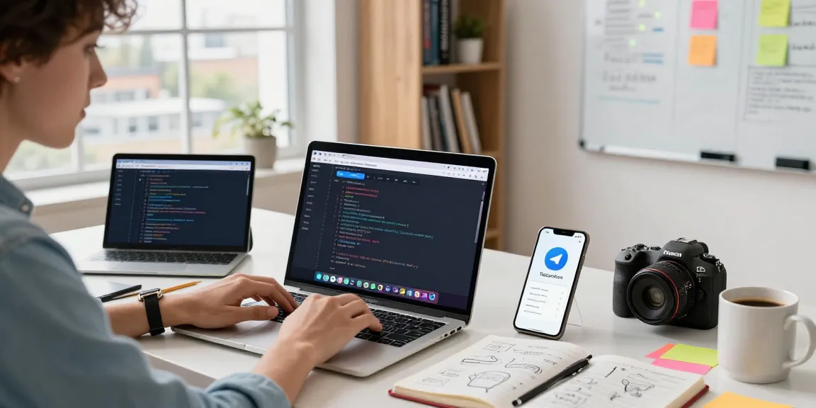 Developer engaged with Telegram Web Version interface on laptop, modern tech workspace.
