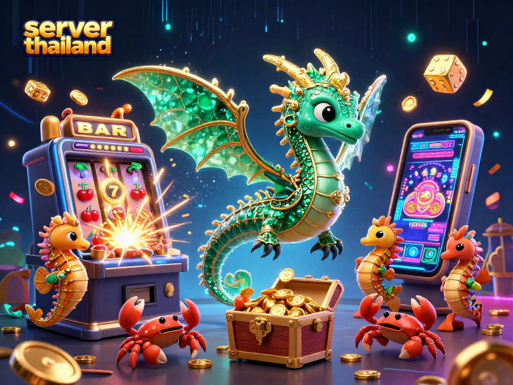 Engage with server thailand through a dynamic casino scene featuring dragons, treasures, and jackpots.