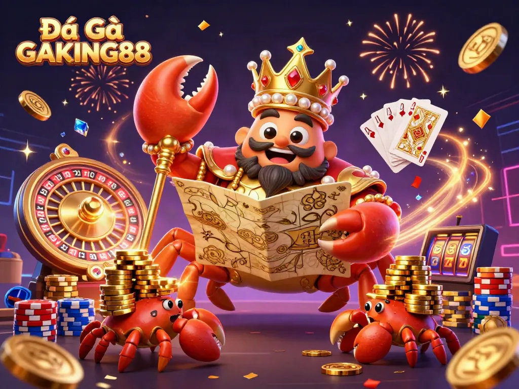 Engage with Đá Gà GAKING88's vibrant 3D scene of a golden crab emperor amidst a casino celebration.