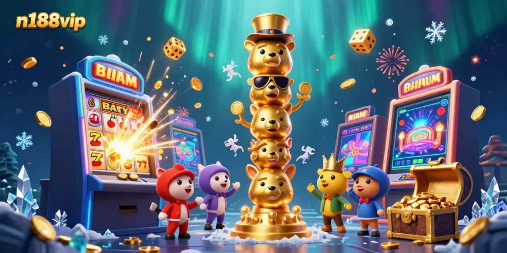 Engage with n188vip's exciting gaming scene illustrated with vibrant casino elements and dynamic characters.