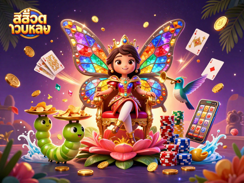 Engage in thrilling สล็อตเว็บตรง gameplay with a vibrant scene featuring a butterfly queen and lively casino elements.