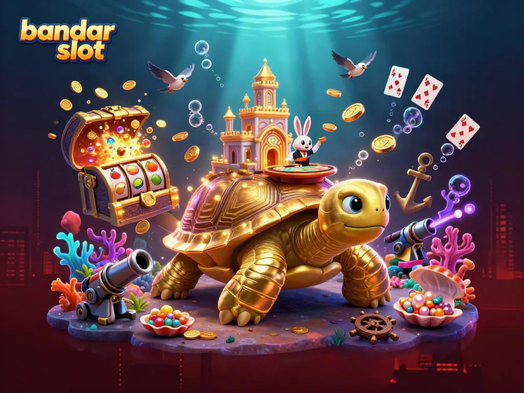 Gambaran yang menggambarkan bandar slot dengan kura-kura emas raksasa dan dealer kelinci dalam suasana kasino yang ramai.