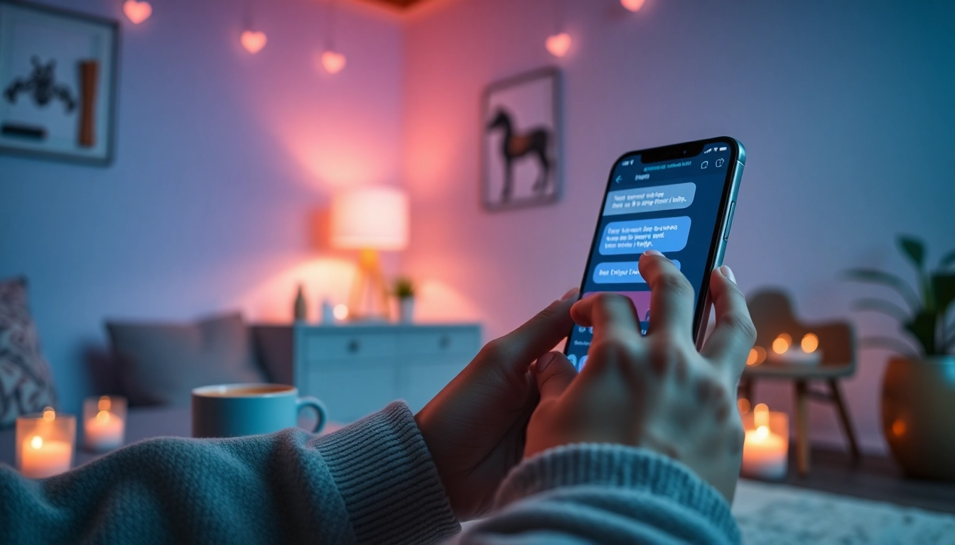 Engaging user interaction with an AI sex chat chatbot on a mobile device in a cozy setting.
