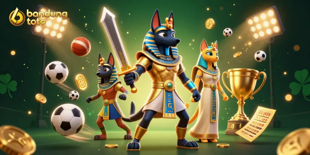 Engage in bandung toto gaming excitement with 3D characters amidst flying sports elements and glowing effects.