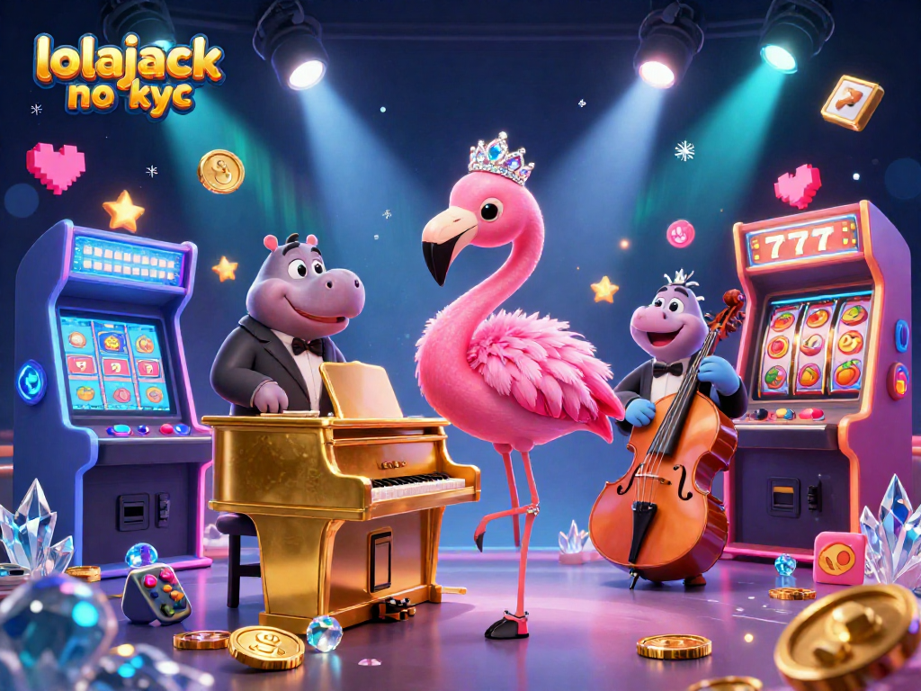 Engage with lolajack no kyc through a vibrant 3D casino scene featuring a flamboyant flamingo singer and hippo bassist.