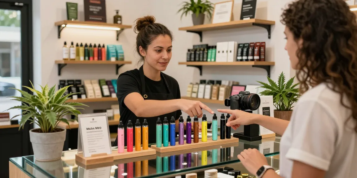 Muha Med vape products displayed in a trendy cannabis retail shop.
