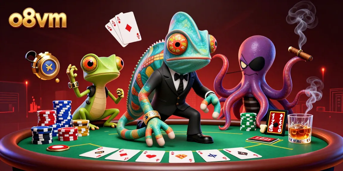 Experience thrilling poker action with o8vm's vibrant 3D casino scene featuring unique characters.