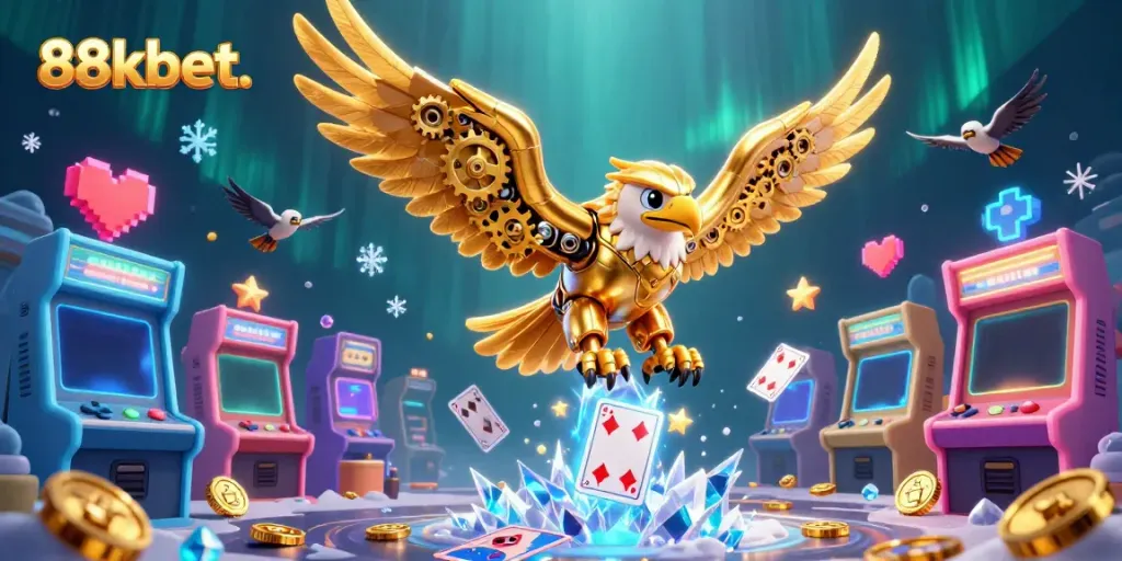 Experience thrilling gaming action with 88kbet. as golden eagle navigates vibrant casino elements.