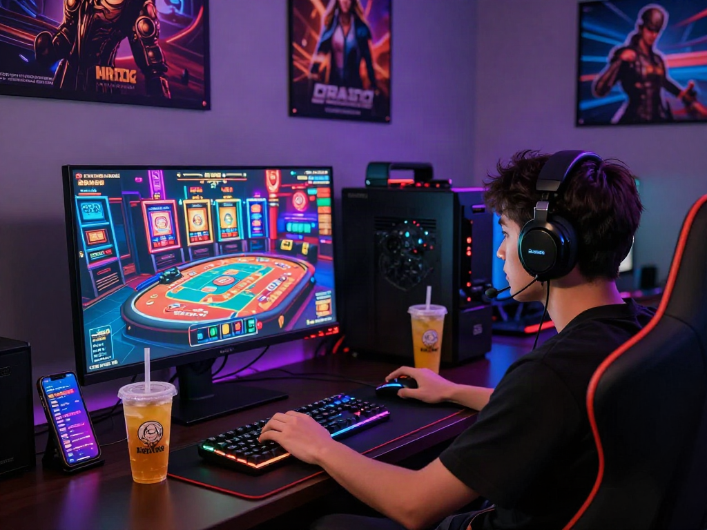 Player engaging in situs bro138 online gaming with vibrant visuals and snacks in a cozy setup.