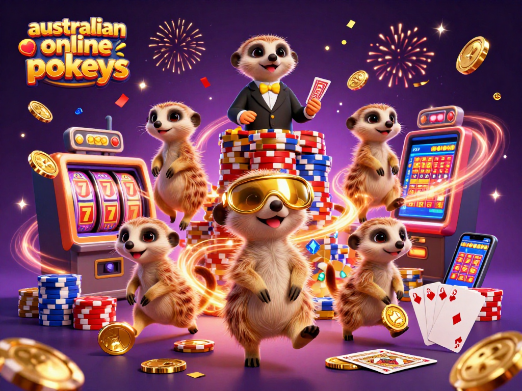 Experience vibrant australian online pokies action with lively meerkats in a dynamic casino scene.