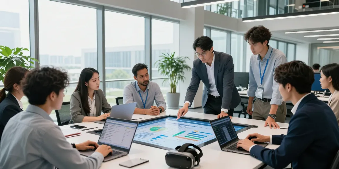 Team collaborating on asset tracing software in a modern office