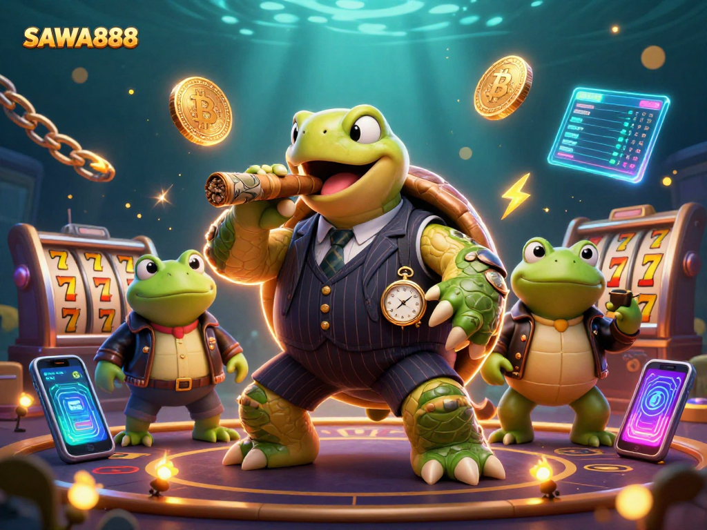 Join the thrilling world of SAWA888 with vibrant slot games and animated characters.