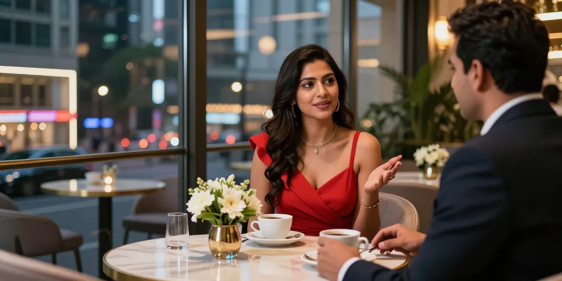 Engaging moment with gurgoan escorts at a luxurious café in a vibrant urban setting.