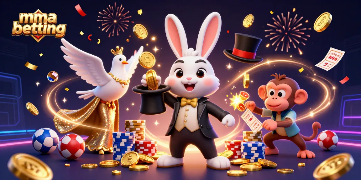 Experience dynamic mma betting excitement with a magician rabbit, dove, and monkey in a festive casino scene.